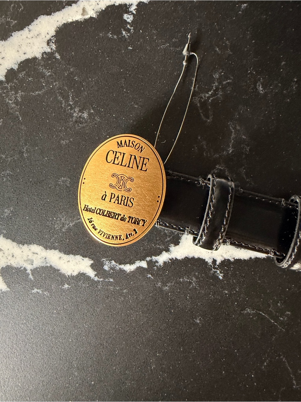 Celine Black Leather Belt with Tan Maison Celine Tag